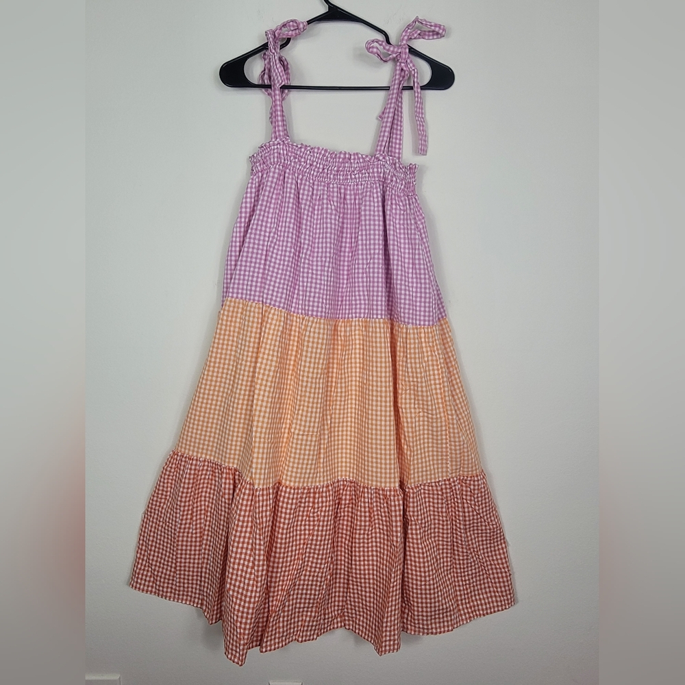 Entro Sz M Gingham Plaid Tiered Midi Dress Pink Orange Red Tie Shoulder Smocked
